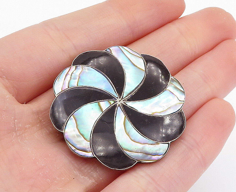 CB MEXICO 925 Silver Vintage Abalone Shell & Black Onyx Brooch Pin BP2818