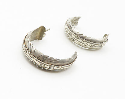 NAVAJO 925 Sterling Silver  Vintage Etched Detail J Hoop Earrings  EG7205