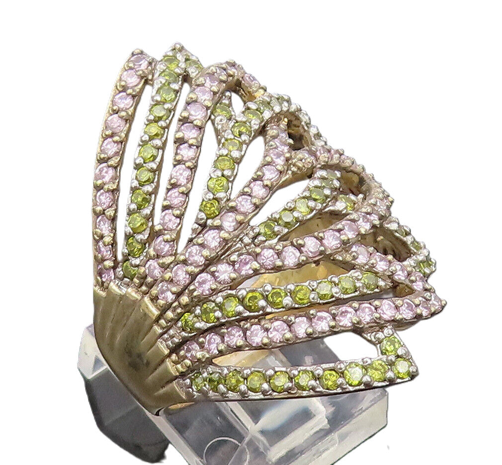 SETA 925 Silver  Vintage Cutout Pink & Yellow CZ Flower Ring Sz 11  RG27074