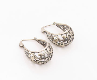 925 Sterling Silver Vintage Earrings Classic Floral Scrollwork Hoops  EG14397