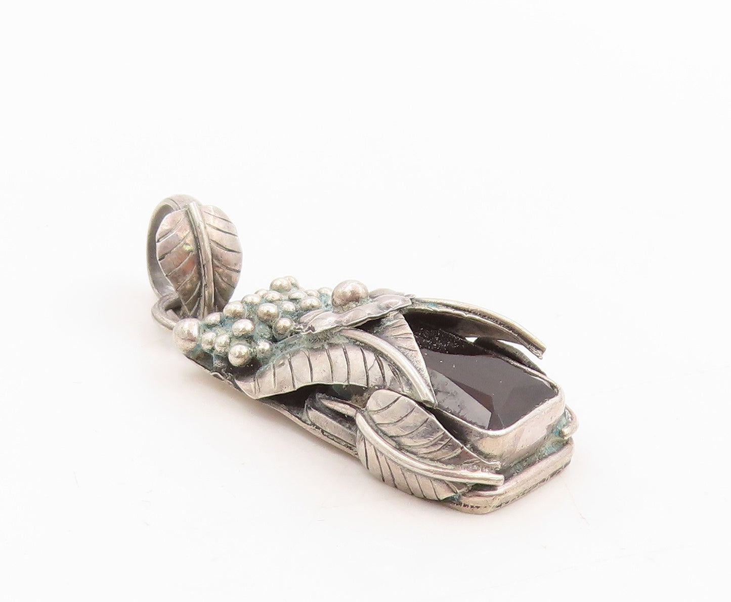 925 Sterling Silver Vintage Pendant Smoky Quartz Floral Leaf & Berries  PT25440