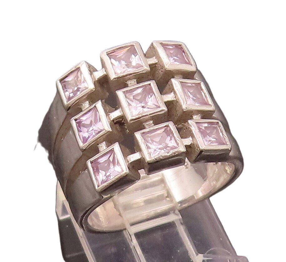 925 Sterling Silver  Vintage 9 Princess Cut CZ Chessboard Ring Sz 6  RG26579