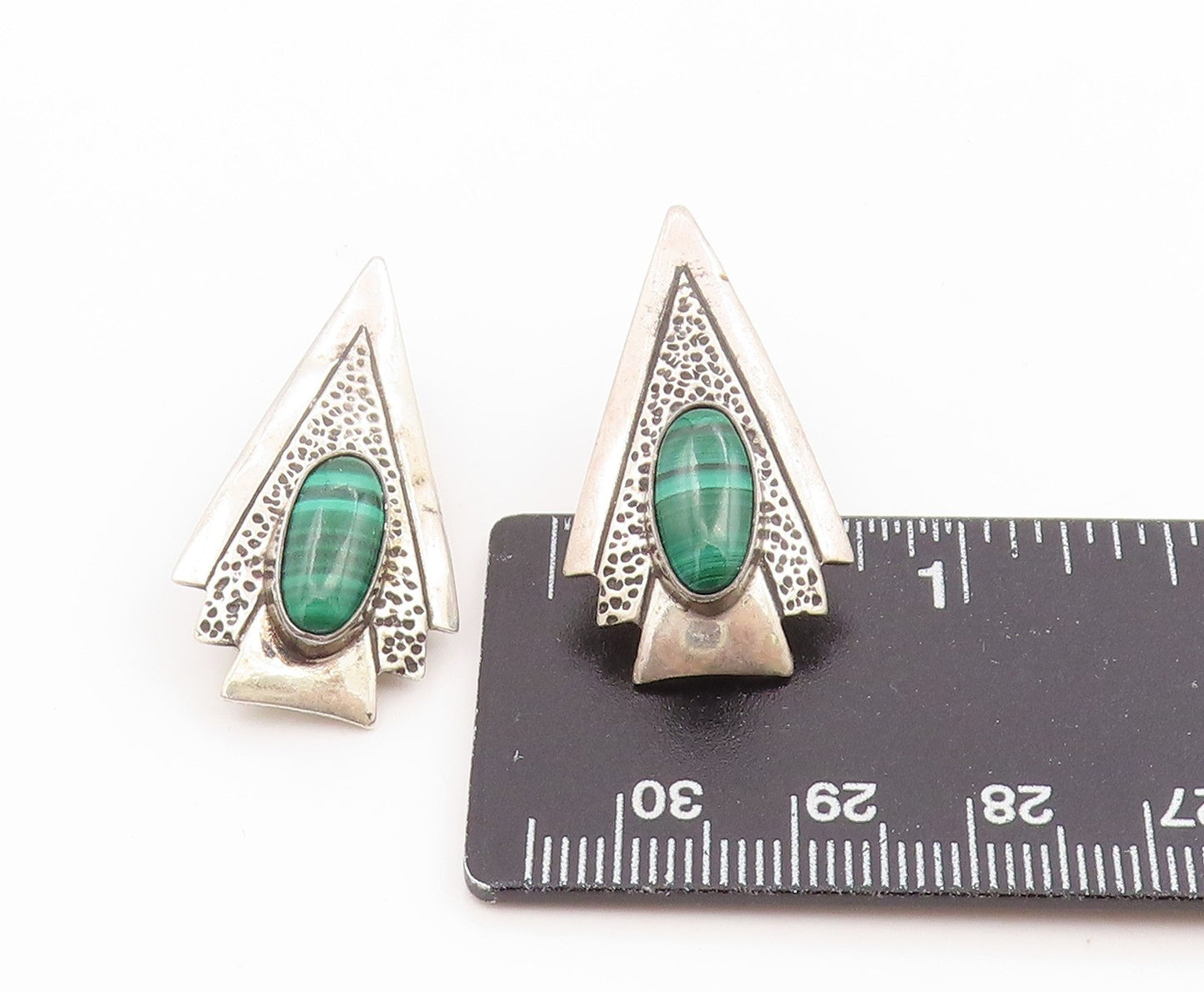 925 Sterling Silver Vintage Earrings MJ NAVAJO Classic Malachite Clip On EG14348