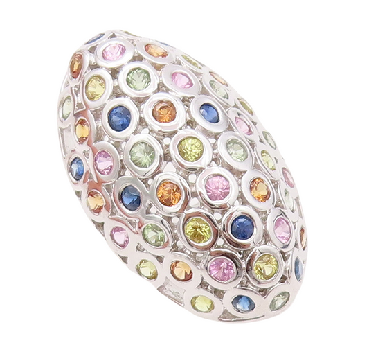 925 Sterling Silver Vintage Ring Oval Dome Multi Color CZ Inlay  Sz 7.5  RG30578