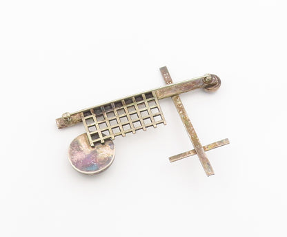 925 Sterling Silver Vintage Brooch Pin Classic Onyx Geometric Sculpture  BP12598