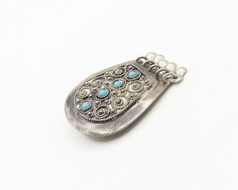 ISRAEL 925 Sterling Silver  Vintage Turquoise Ornate Twist Brooch Pin  BP7260