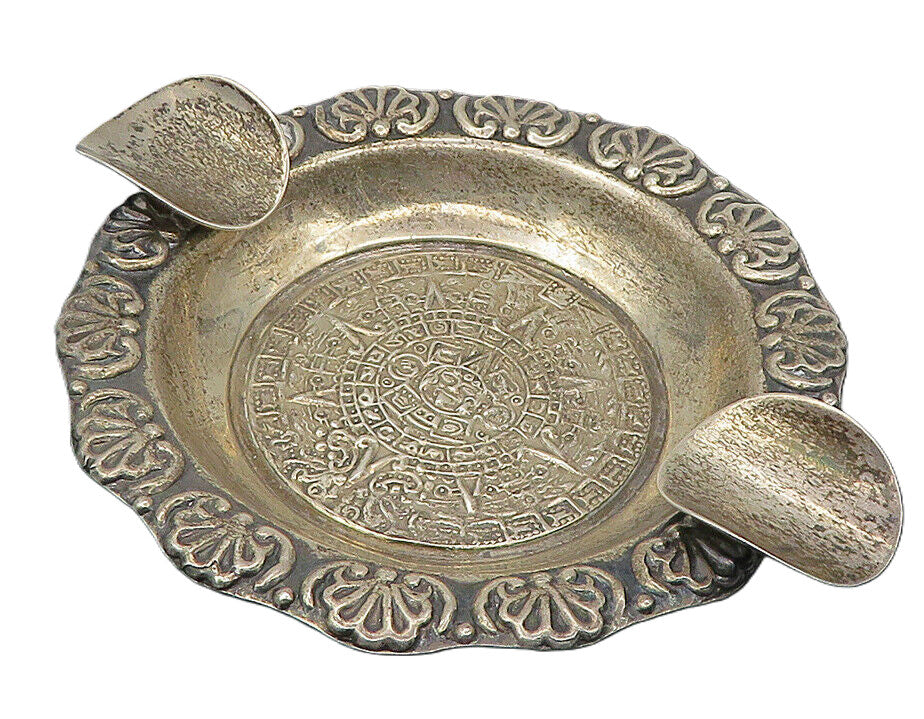 MEXICO 925  Silver  Vintage Dark Tone Mayan Aztec Sun Calendar Ashtray  TR1836