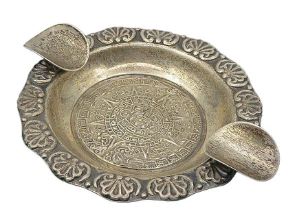 MEXICO 925  Silver  Vintage Dark Tone Mayan Aztec Sun Calendar Ashtray  TR1836