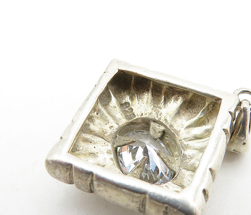 925 Sterling Silver  Vintage Cubic Zirconia Etched Square Drop Pendant  PT3275