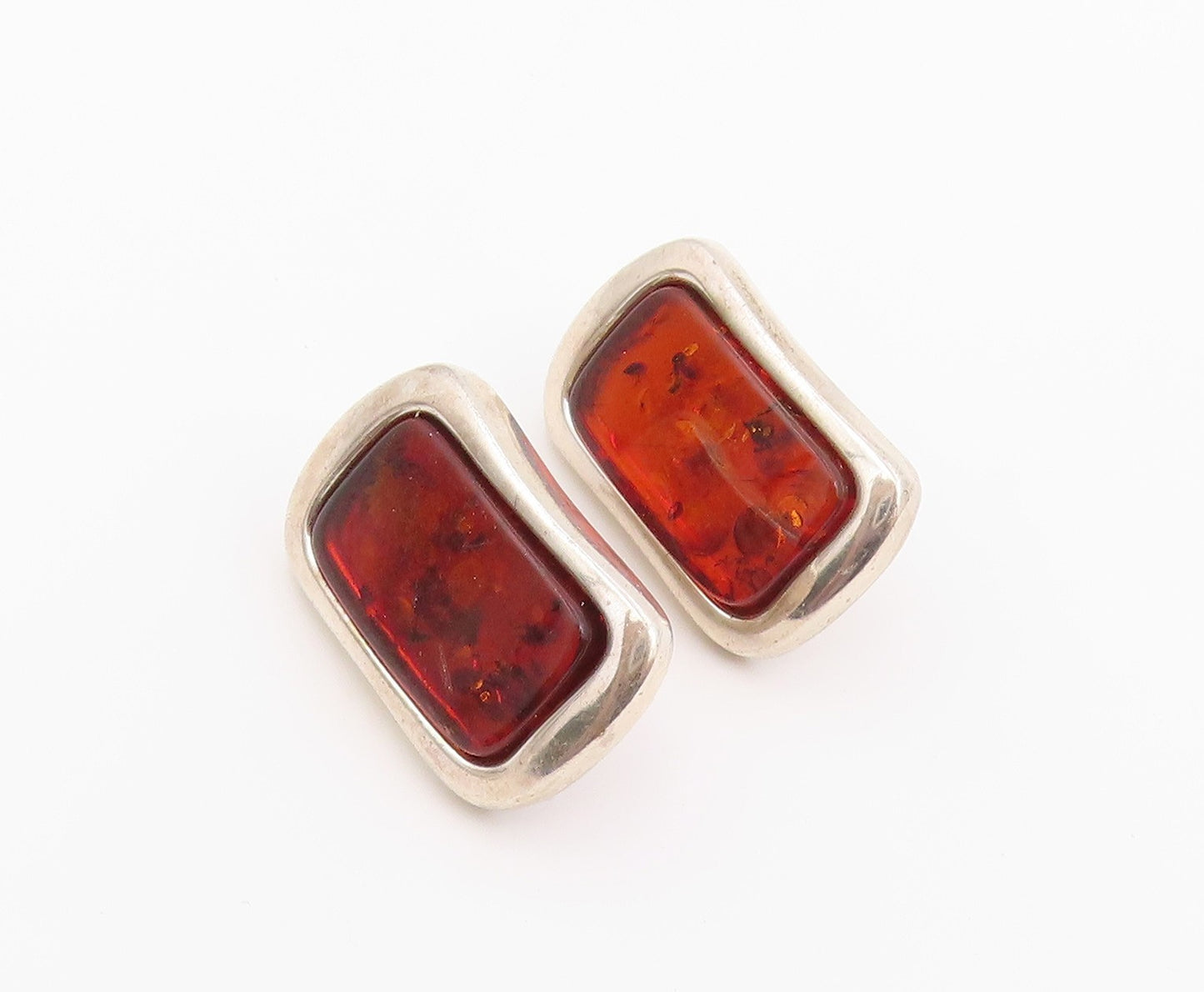 925 Sterling Silver Vintage Earrings POLAND Amber Geometric Omega Back  EG14451