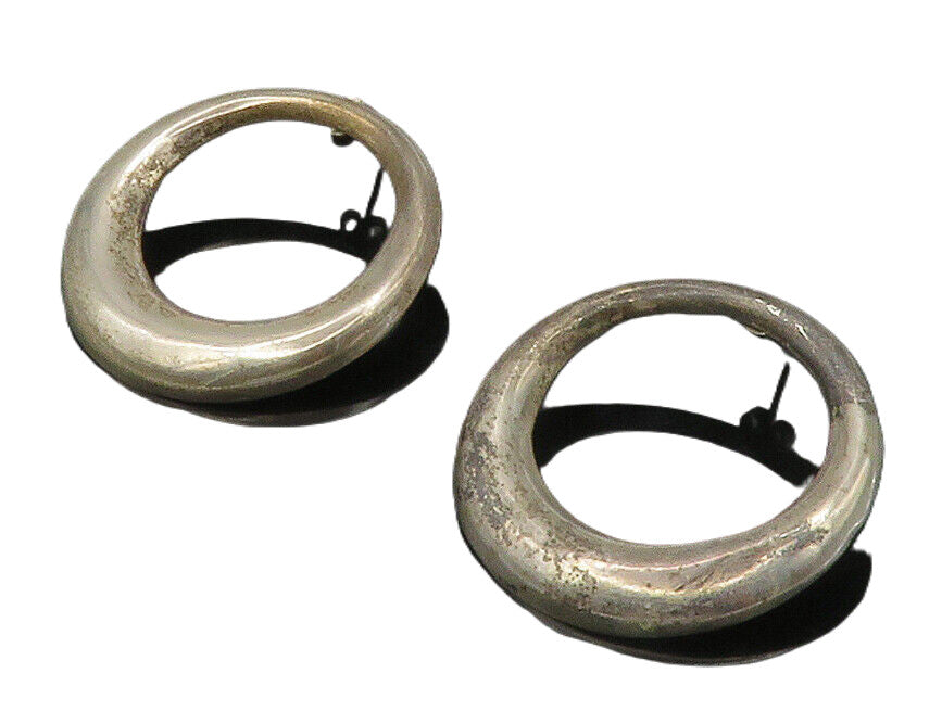 MEXICO 925 Sterling Silver  Vintage Dark Tone Open Circle Drop Earrings EG8500