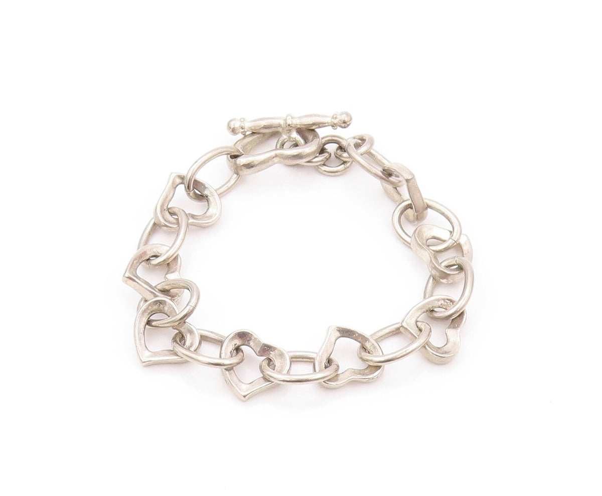 925 Sterling Silver Vintage Bracelet Rings & Cutout Hearts Linked  BT11135