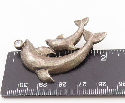 925 Sterling Silver Vintage Brooch Round Topaz Mother & Baby Dolphin  BP12143