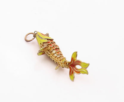 925 Sterling Silver  Vintage Enamel Hollow Koi Fish Motif Pendant  PT18440