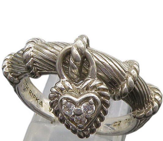 JUDITH RIPKA 925 Silver  Vintage Topaz Love Heart Charm Band Ring Sz 8 RG23529