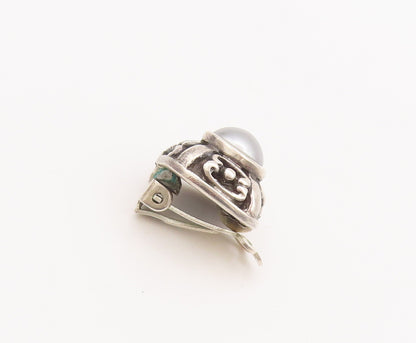 925 Sterling Silver Vintage Earrings Swirly Carved Square And Grey Pearl EG12884