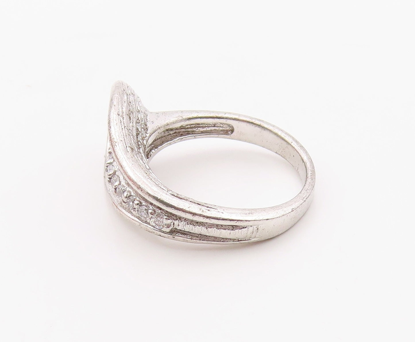 925 Sterling Silver Vintage Ring Modernist CZ Textured Leaf Band  Sz 6  RG36371