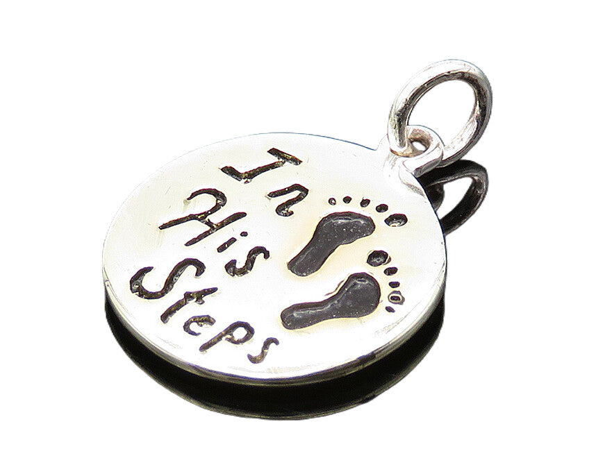 925 Sterling Silver Vintage Footprints Love Heart In His Steps Pendant PT16573