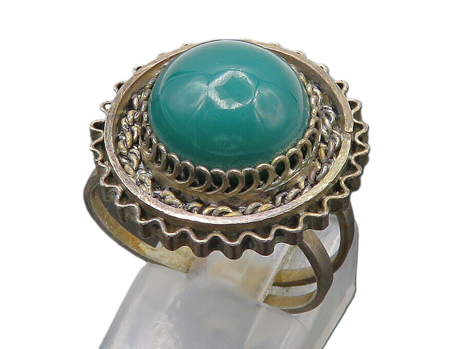 ISRAEL 925 Silver  Vintage Cabochon Green Onyx Cocktail Ring Sz 7.5  RG22623