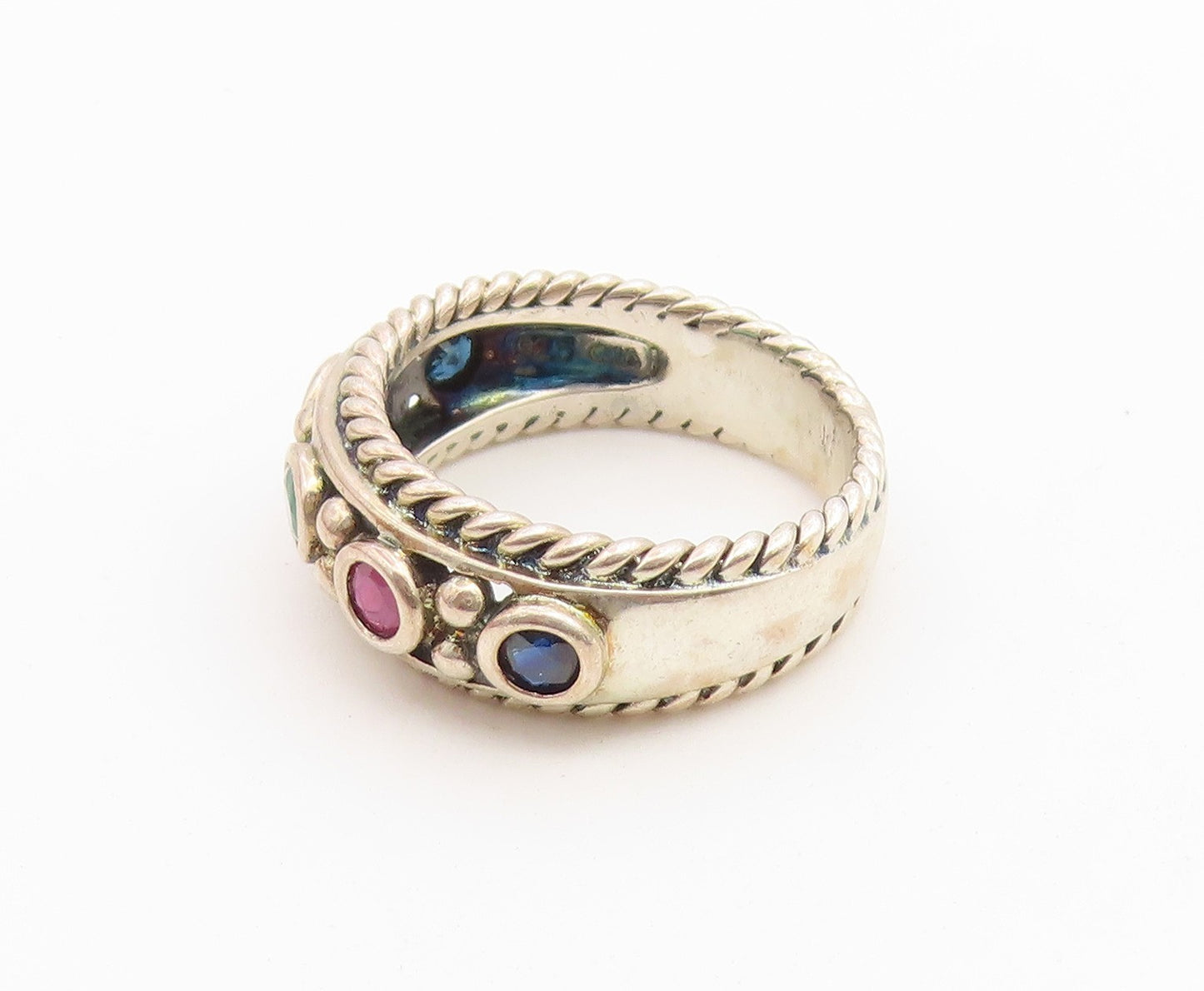 925 Sterling Silver Vintage Ring Multi Gemstone Twisted Rope Band  Sz 6  RG36742