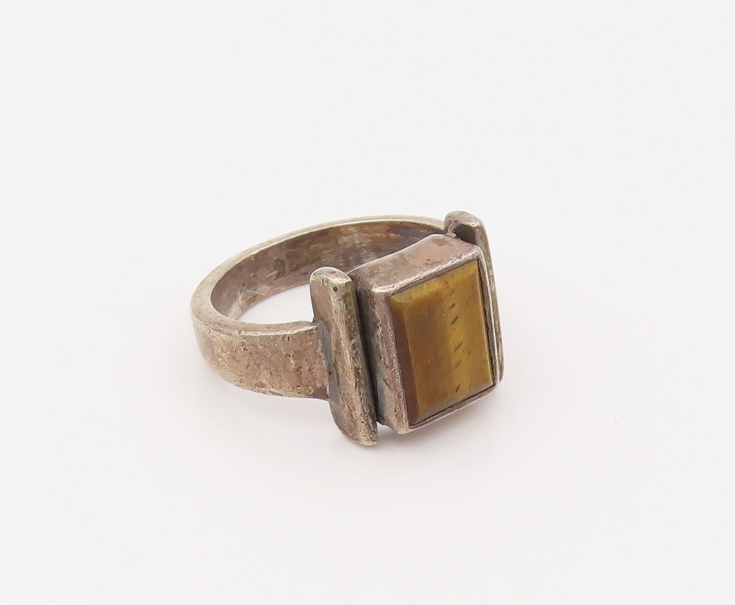 925 Sterling Silver Vintage Square Boxed Tiger Eye Solid Ring Sz 5.75 RG26639