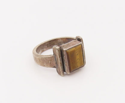 925 Sterling Silver Vintage Square Boxed Tiger Eye Solid Ring Sz 5.75 RG26639