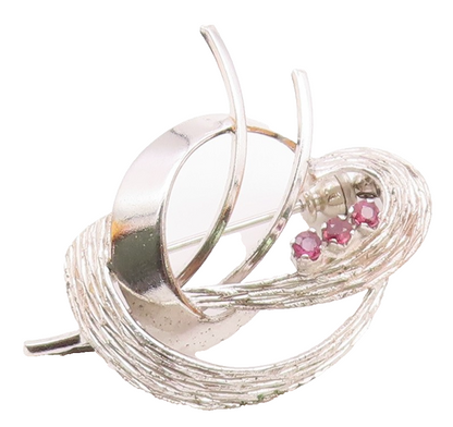 925 Sterling Silver  Vintage Pink Topaz Shiny Swirl Design Brooch Pin  BP4905