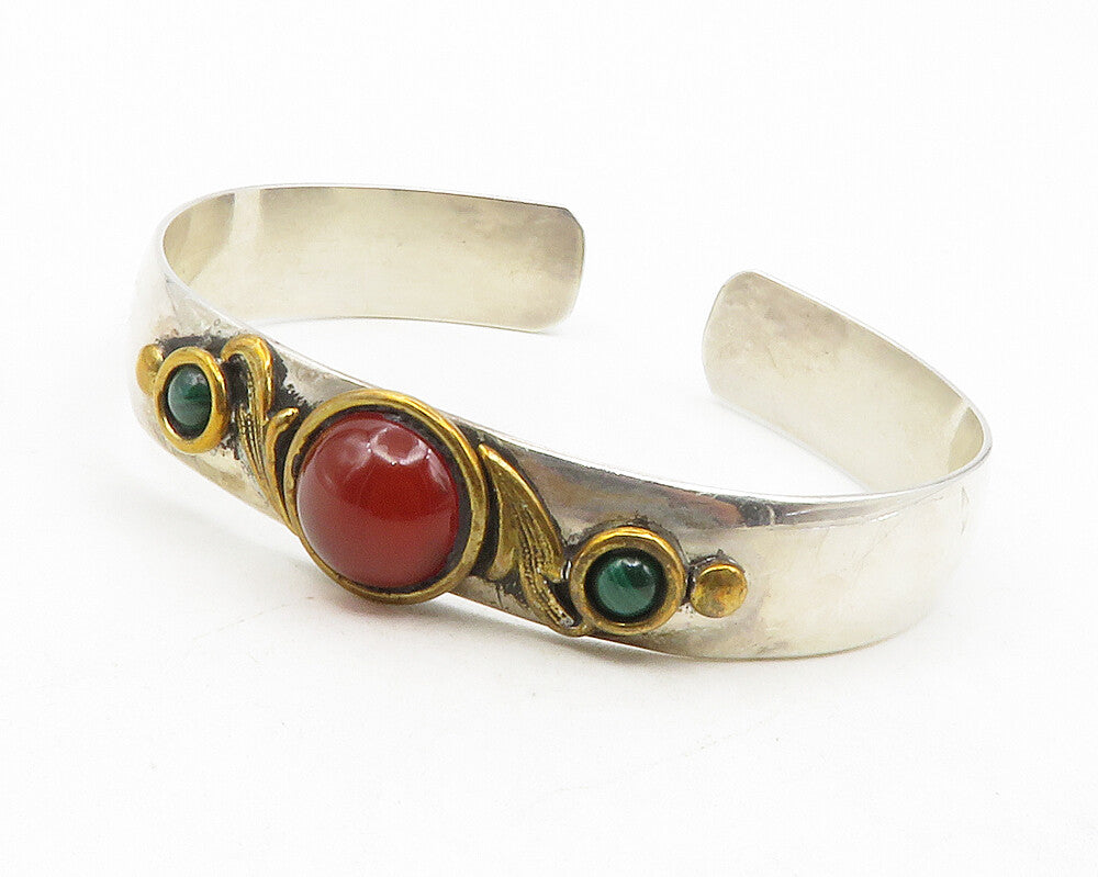 LOUIS BOOTH 925 Silver  Vintage Carnelian & Malachite Cuff Bracelet BT4681