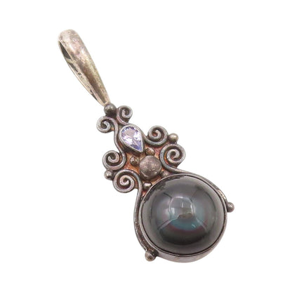 925 Sterling Silver Vintage Pendant SAJEN Antique Onyx & Amethyst  PT23946
