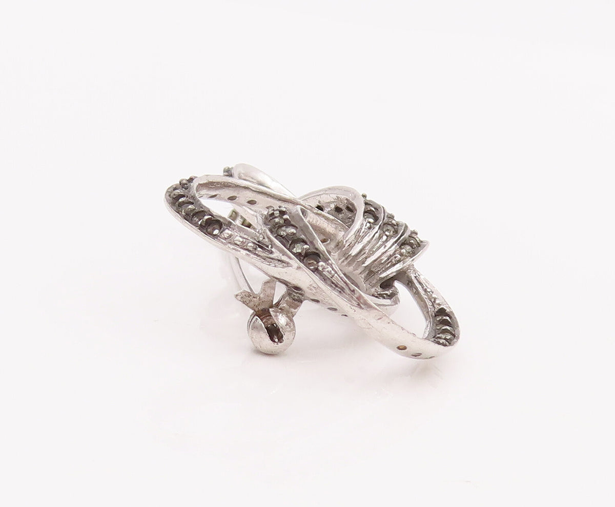 925 Sterling Silver Vintage Brooch Pin Modernist Loop Design Inlay Topaz BP11004