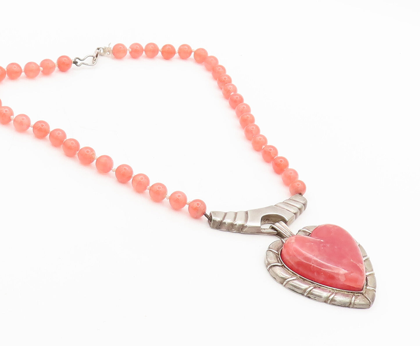 925 Silver Vintage Designer Rhodochrosite Heart Beaded Heavy Necklace NE4142