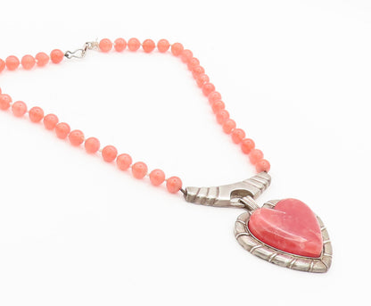 925 Silver Vintage Designer Rhodochrosite Heart Beaded Heavy Necklace NE4142