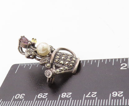 925 Sterling Silver Vintage Brooch Pin Pearl Topaz Flower Watering Jug  BP11274