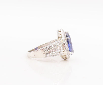 925 Sterling Silver Vintage Ring Drop Cut Sapphire Halo CZ Inlay  Sz 7  RG29025