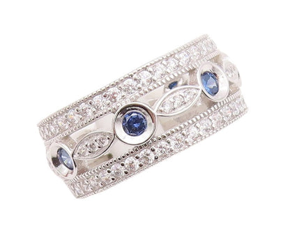 925 Sterling Silver Vintage Ring Cutout Band Sapphire & CZ Inlay  Sz 7  RG29984