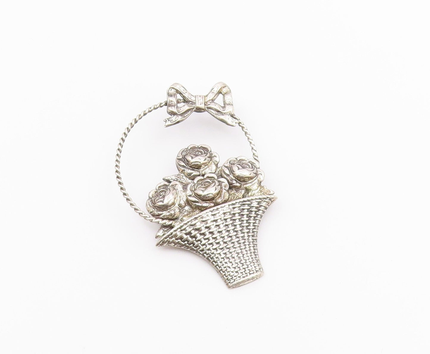 BEAU 925 Silver  Vintage Rose Flower Basket With Bow Tie Brooch Pin  BP9790