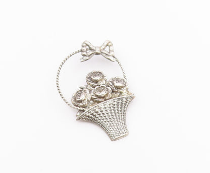 BEAU 925 Silver  Vintage Rose Flower Basket With Bow Tie Brooch Pin  BP9790