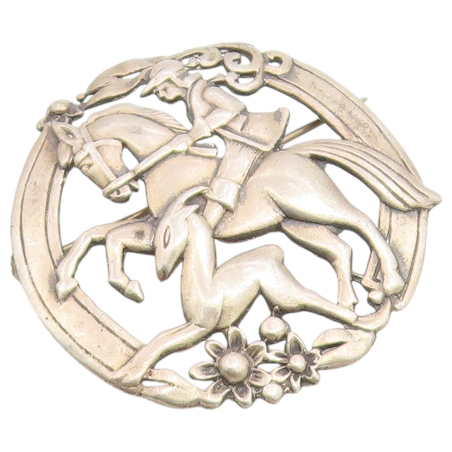925 Sterling Silver Vintage Brooch Pin Equestrian Hunter & Deer Chase  BP12670