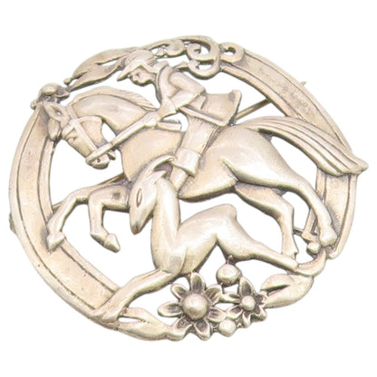 925 Sterling Silver Vintage Brooch Pin Equestrian Hunter & Deer Chase  BP12670