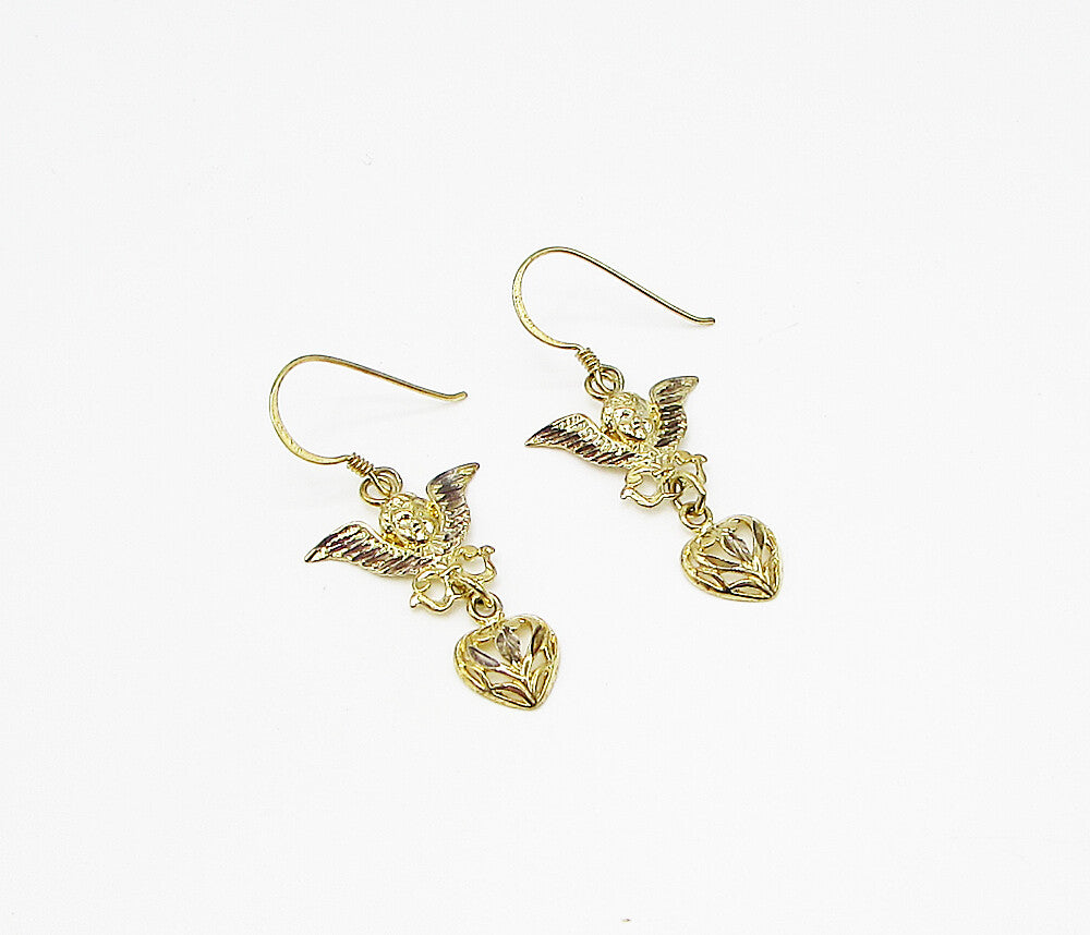 Gold Over 925 Sterling Silver Shiny Love Angel Drop Earrings EG1861