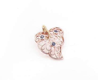 925 Sterling Silver Vintage Pendant Sapphire Swirly Heart Shape Leaf  PT24155
