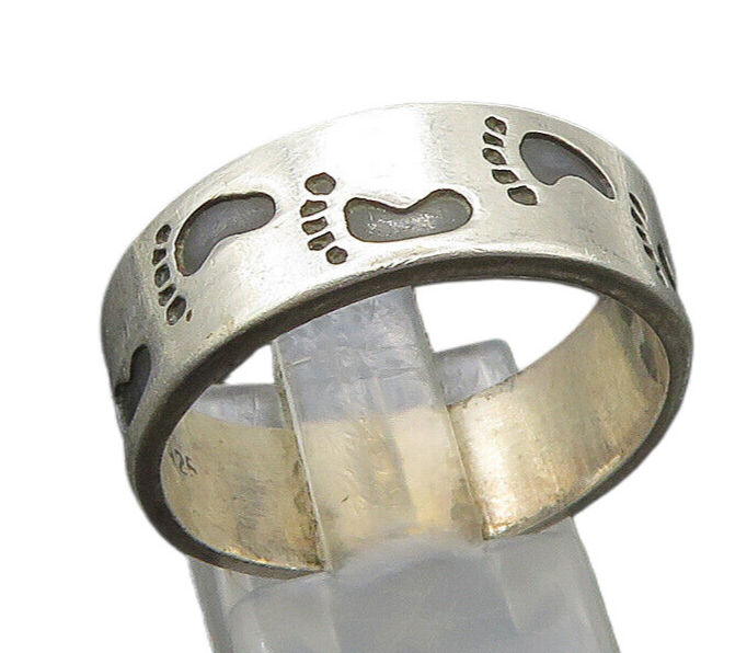 MEXICO 925 Sterling Silver Vintage Oxidized Footprints Band Ring Sz 10.5 RG23035