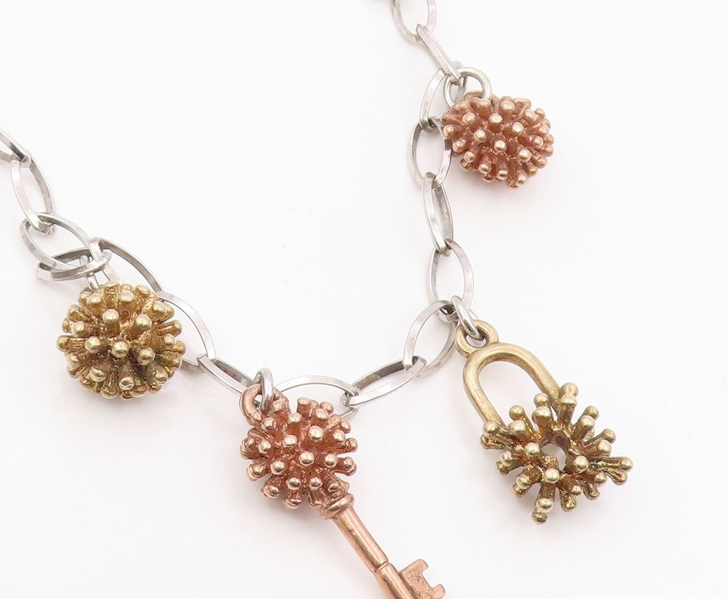 925 Sterling Silver Vintage Necklace Multi Tone Key & Spiky Orb Chain  NE4835