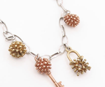 925 Sterling Silver Vintage Necklace Multi Tone Key & Spiky Orb Chain  NE4835