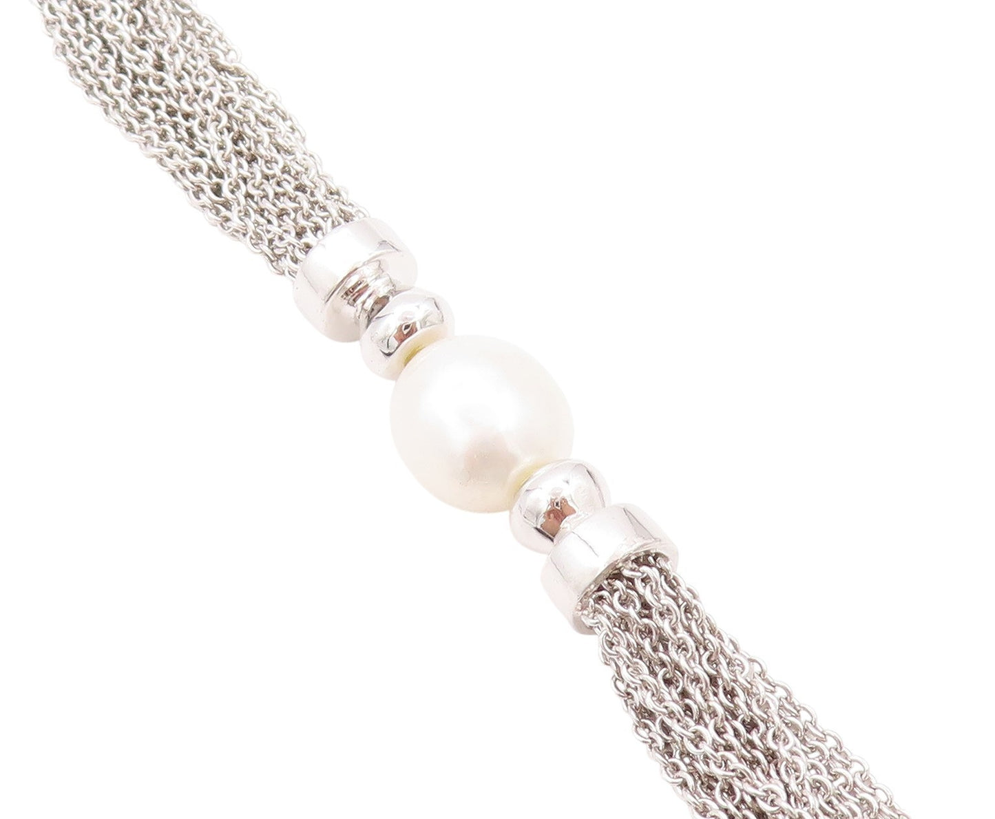 925 Sterling Silver Vintage Bracelet Modernist Pearl & Mesh Chain  BT11252