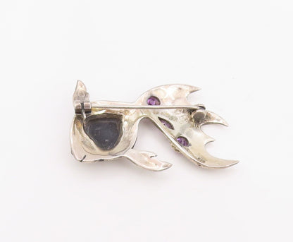 925 Sterling Silver Vintage Brooch Heart Shape Onyx & Amethyst Koi Fish  BP12302