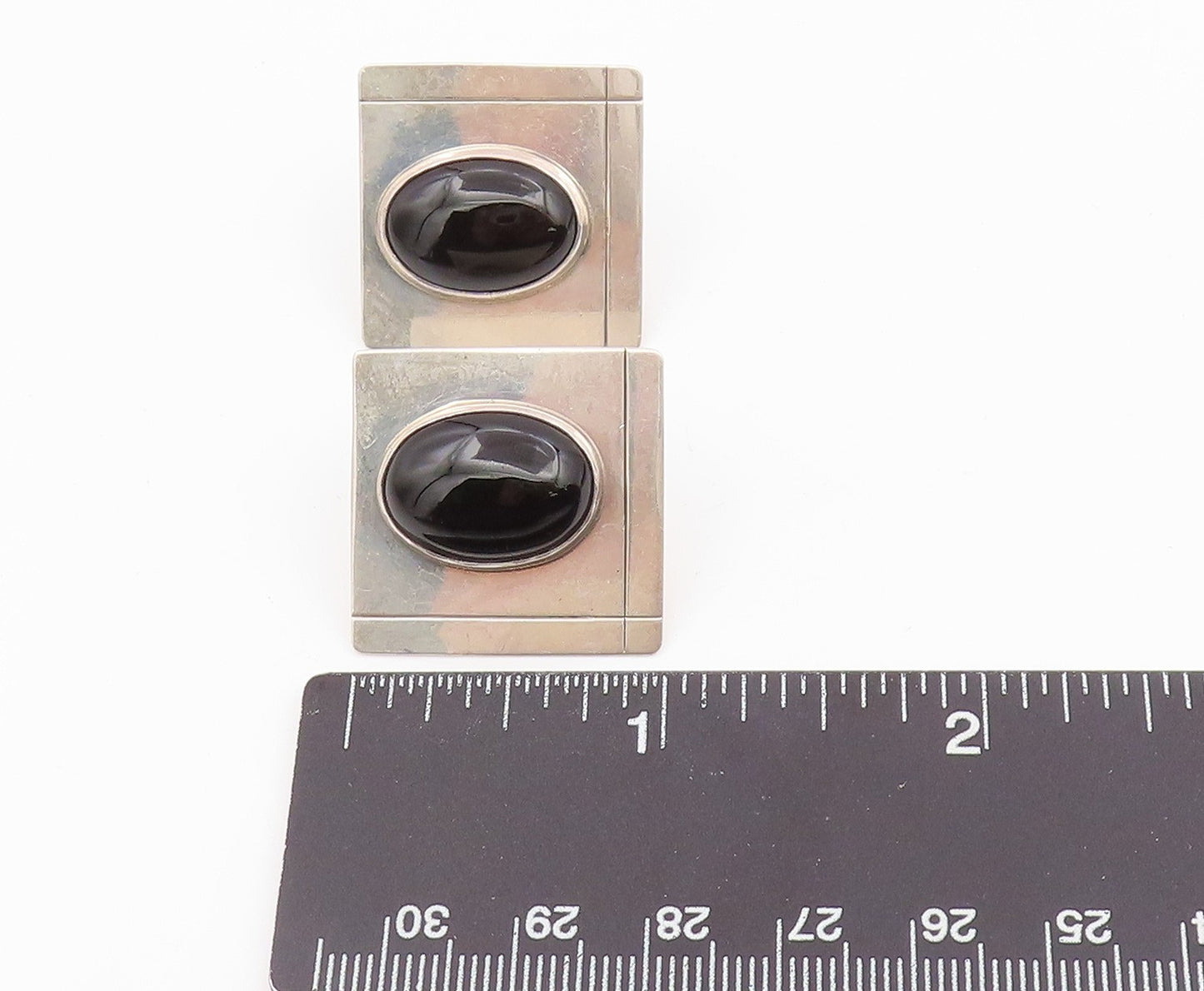 925 Sterling Silver Vintage Cabochon Black Onyx Square Stud Earrings  EG12372