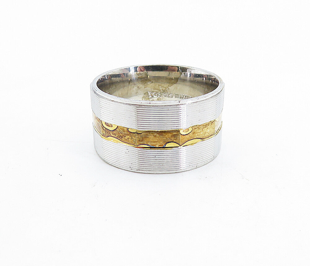 925 Sterling Silver  Shiny Two Tone Etched Angled Band Ring Sz 9.5  RG5846