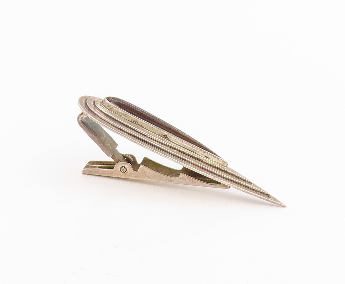 925 Sterling Silver Vintage Tie Clip Onyx Classic Grooved Pointed Design  TR4187