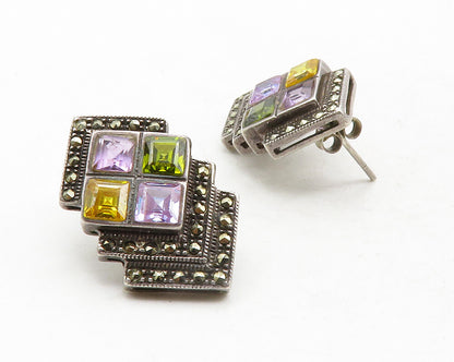 925 Sterling Silver  Vintage Amethyst Citrine Peridot Drop Earrings  EG6513